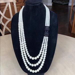 Triple Strand Faux Pearls w/Black Jewel Accents